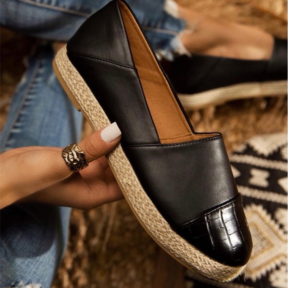 Shoes - Black Espadrille Trim Dressy Slip On